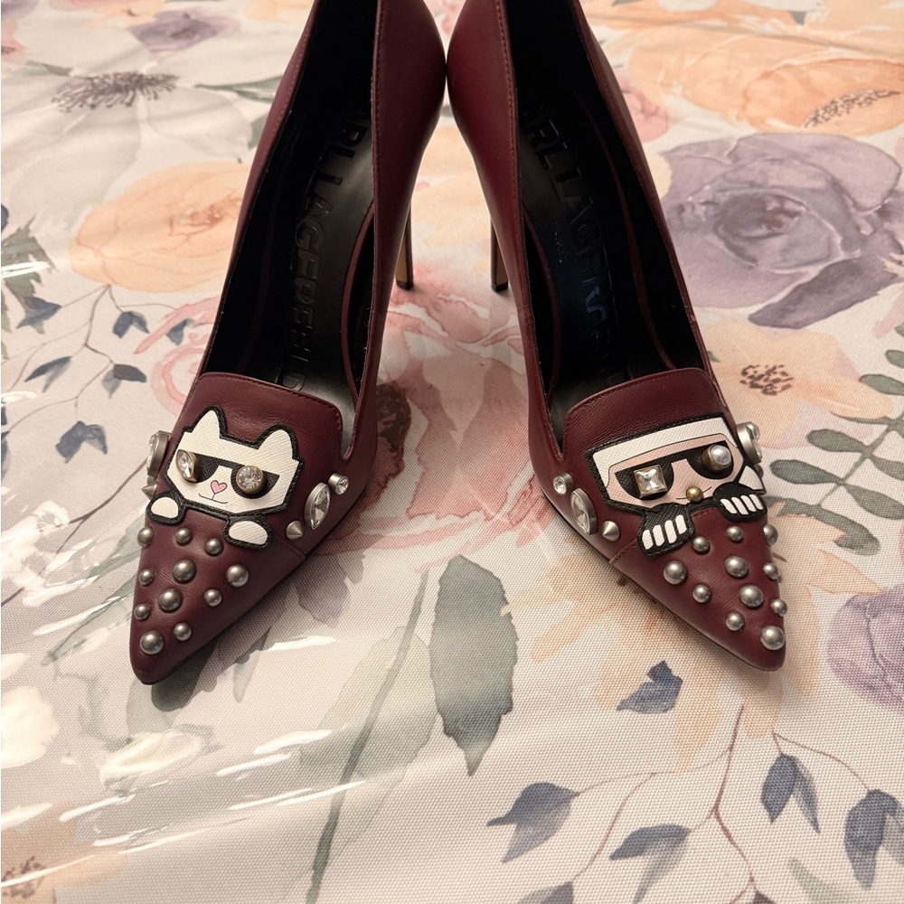 Studded Burgundy Heels with Cat and Mustache Design